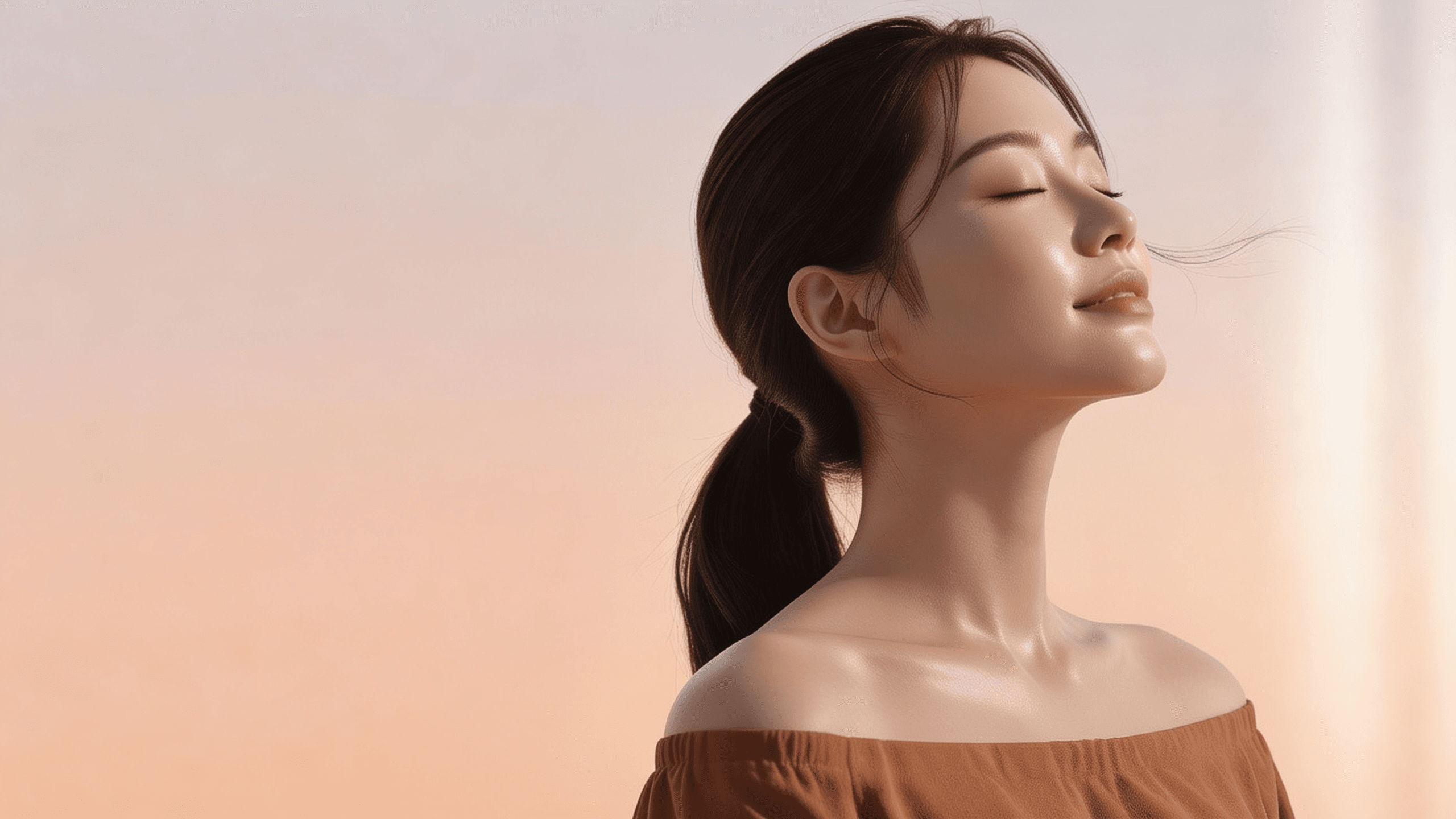 포니테일로 묶은 머리, 결이 회복된 피부로 잔잔히 미소짓는 측면 프로필