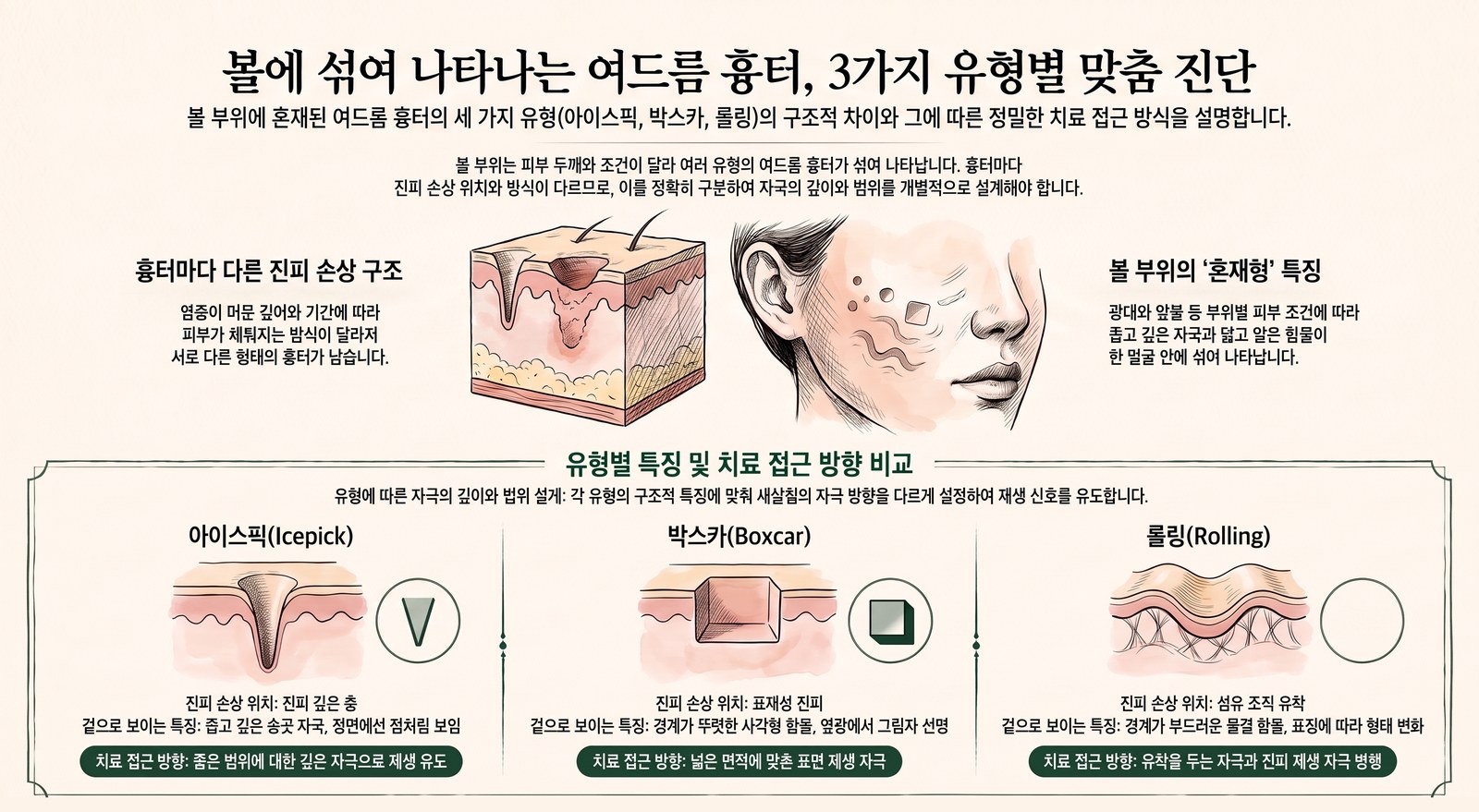 볼에 섞여 나타나는 여드름 흉터 3유형 — 진피 손상 위치와 접근 방향