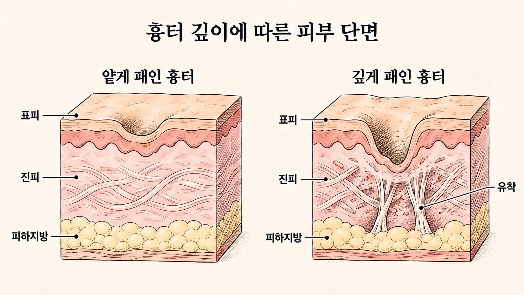 얕게 패인 흉터와 깊게 패인 흉터의 진피층 손상 깊이 차이를 보여주는 피부 단면 비교