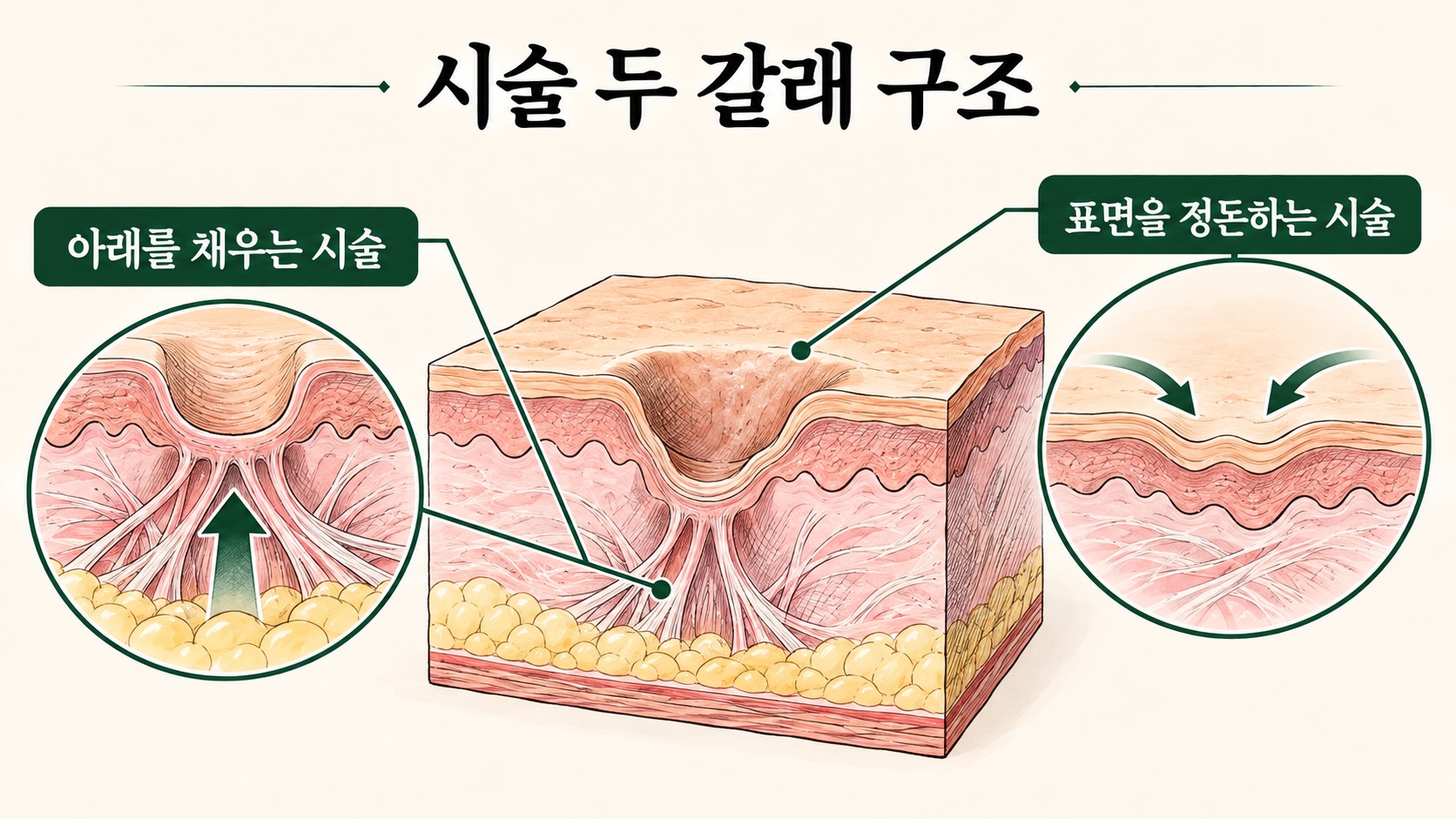 흉터 아래를 채우는 시술과 표면을 정돈하는 시술, 두 갈래 구조를 보여주는 흉터 단면