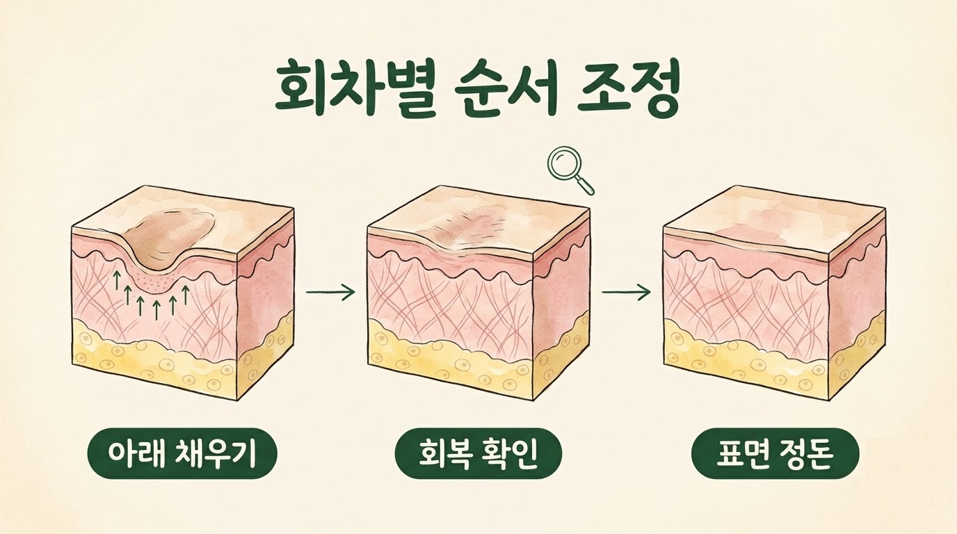 아래 채우기, 회복 확인, 표면 정돈으로 이어지는 회차별 순서 조정 흐름을 보여주는 피부 단면