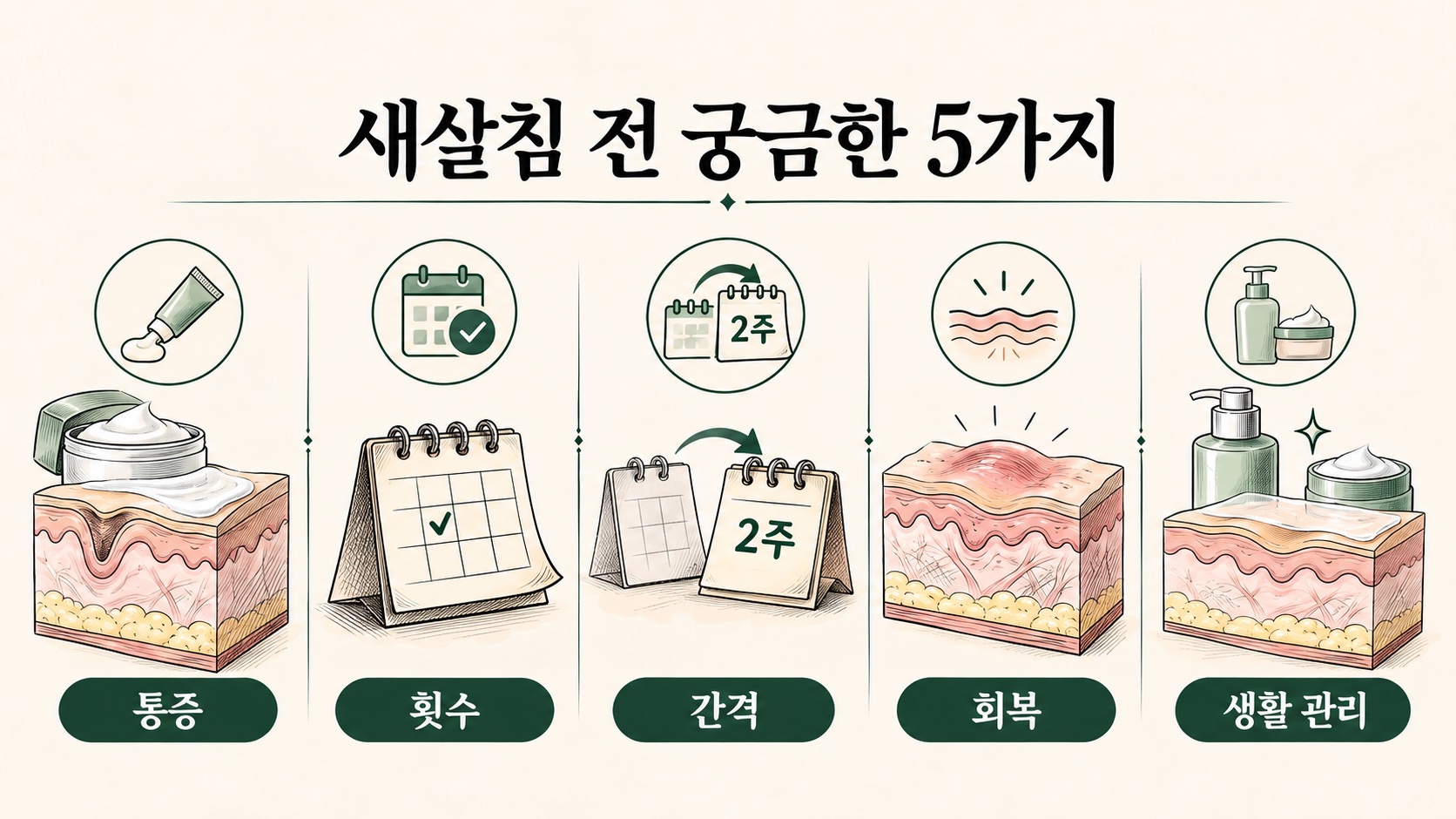 통증·횟수·간격·회복·생활 관리 5가지를 아이콘으로 정리한 체크리스트