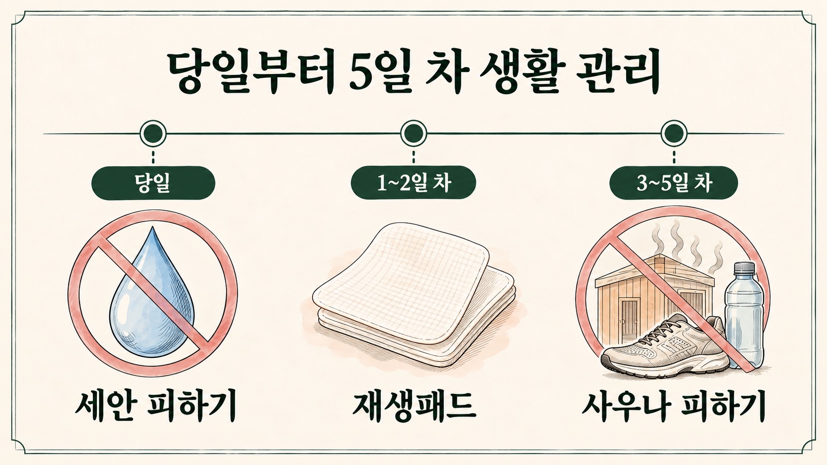 당일부터 5일 차까지 세안·재생패드·사우나 관리를 보여주는 생활 관리 타임라인