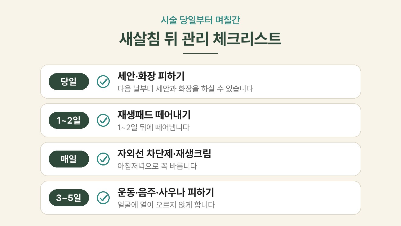 시술 당일부터 며칠간 세안·재생패드·자외선 차단·열 관리를 정리한 체크리스트