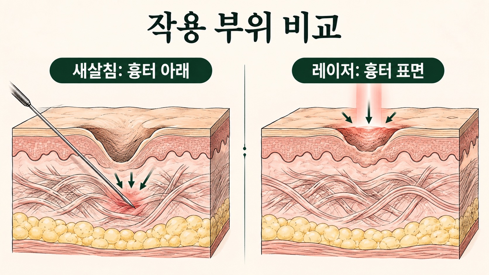 새살침은 흉터 아래, 레이저는 흉터 표면에 작용하는 부위 비교