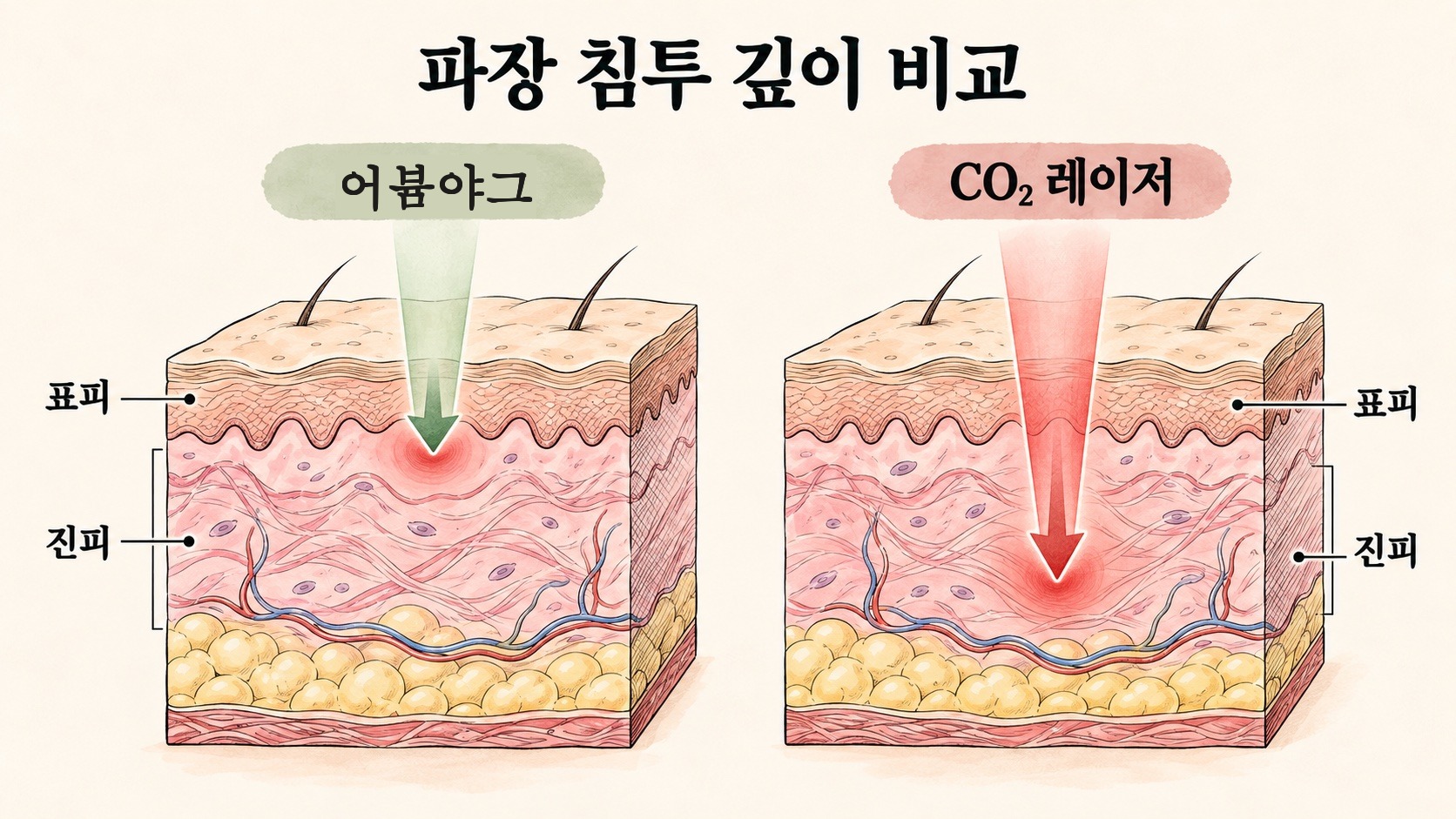 어븀야그와 CO₂ 레이저의 파장 침투 깊이 비교