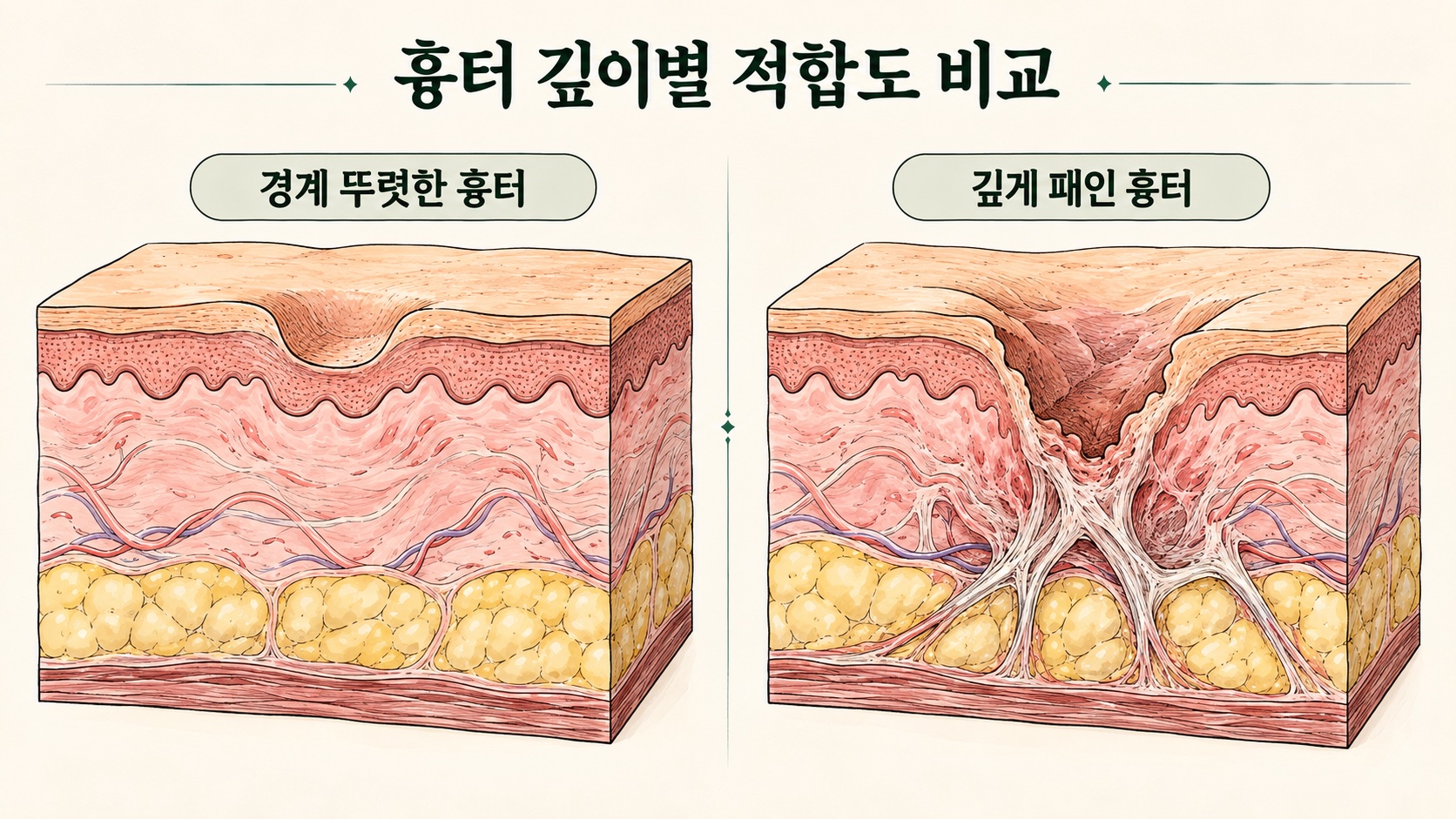 경계가 뚜렷한 흉터와 깊게 패인 흉터에서 어븀야그 프락셀이 맞는 정도 비교