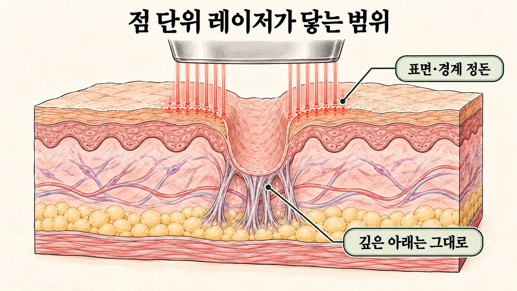 점 단위 레이저는 표면과 경계를 정돈하고 깊게 패인 흉터 아래 유착은 그대로 남는 피부 단면