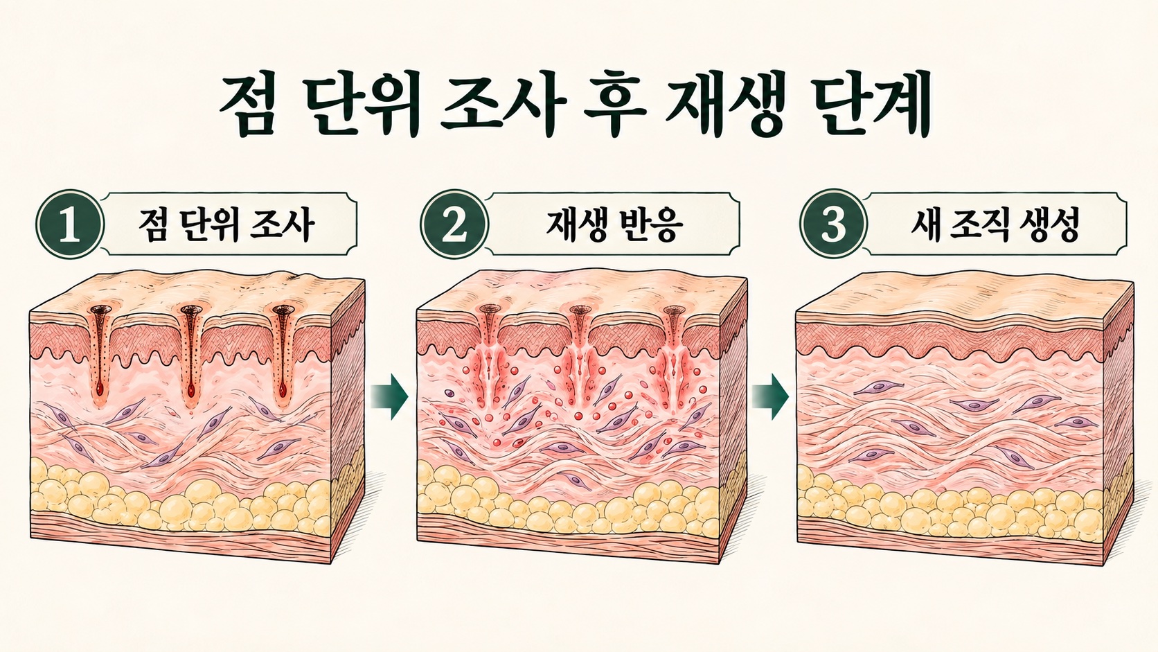 점 단위로 조사한 자리에서 피부가 재생 반응을 일으켜 새 조직을 밀어 올리는 단계