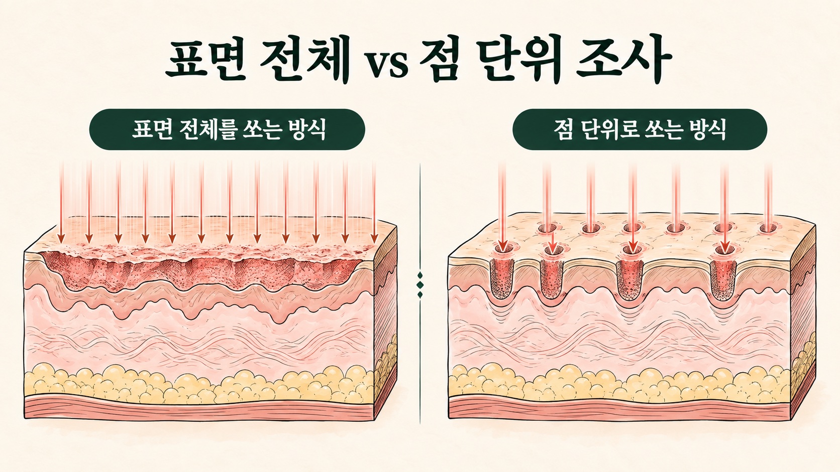 표면 전체를 쏘는 방식과 점 단위로 쏘는 프락셔널 방식의 피부 단면 비교
