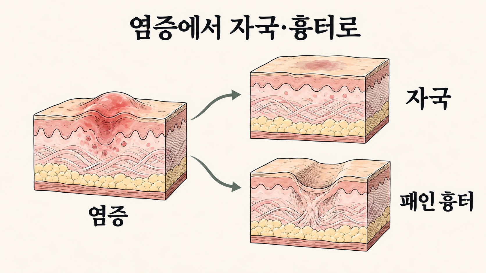 염증 단계에서 자국 또는 패인 흉터로 갈라지는 흐름