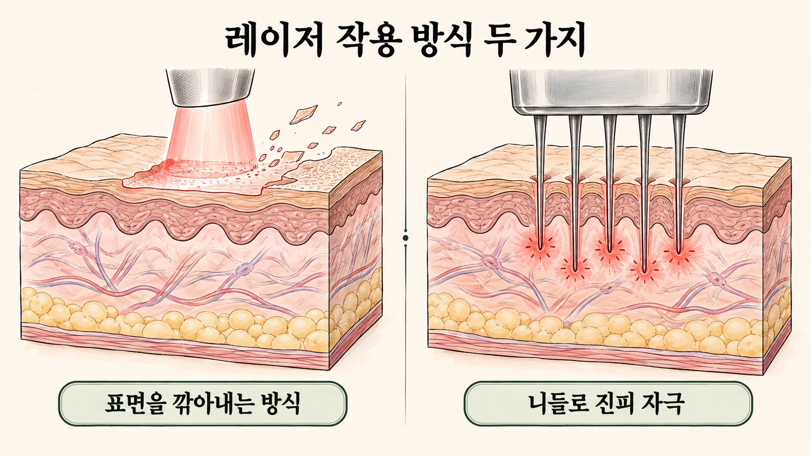 표면을 깎아내는 방식과 표면은 남기고 니들로 진피를 자극하는 방식의 피부 단면 비교