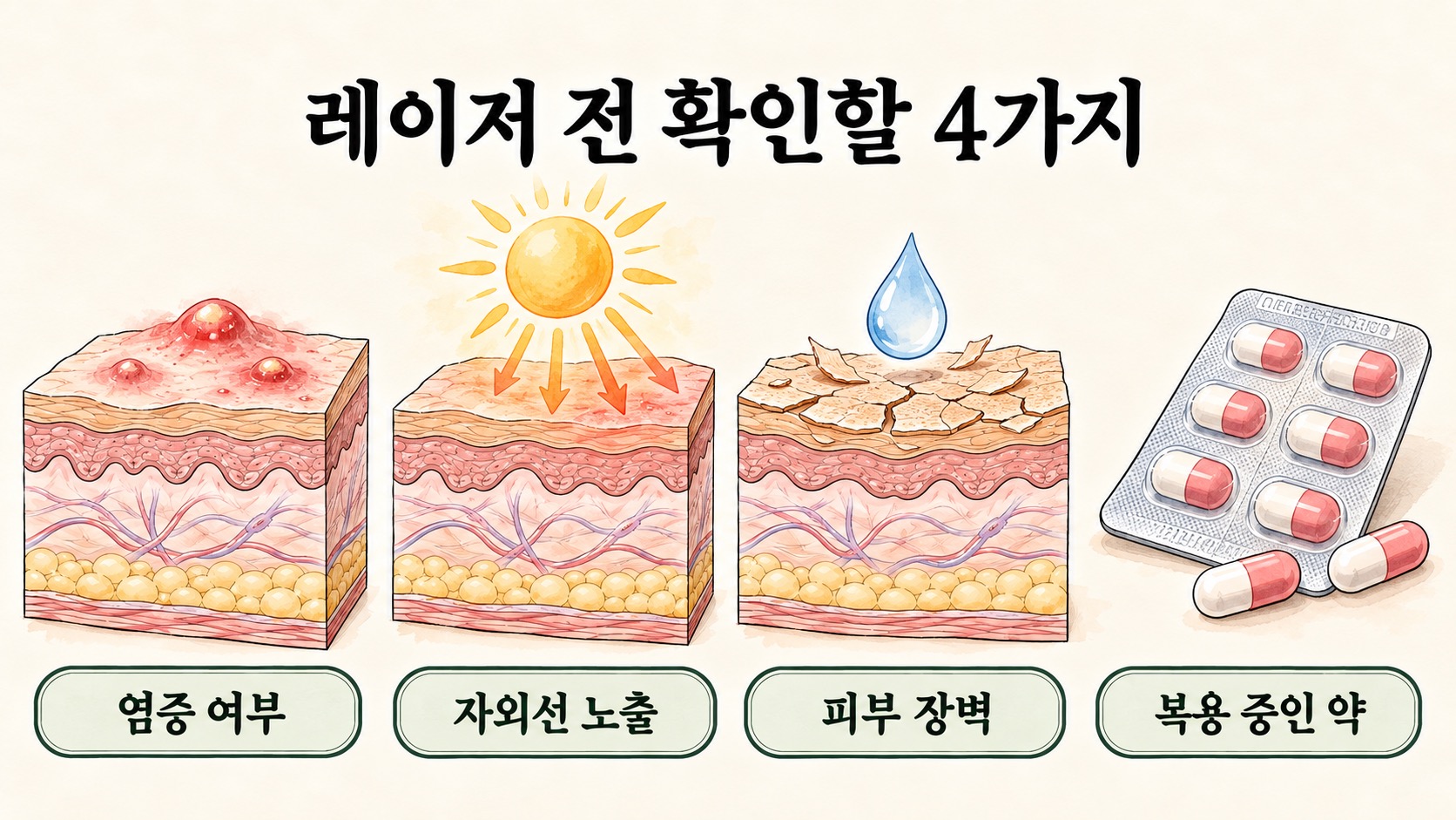 레이저 전에 확인할 염증 여부, 자외선 노출, 피부 장벽, 복용 중인 약 네 가지