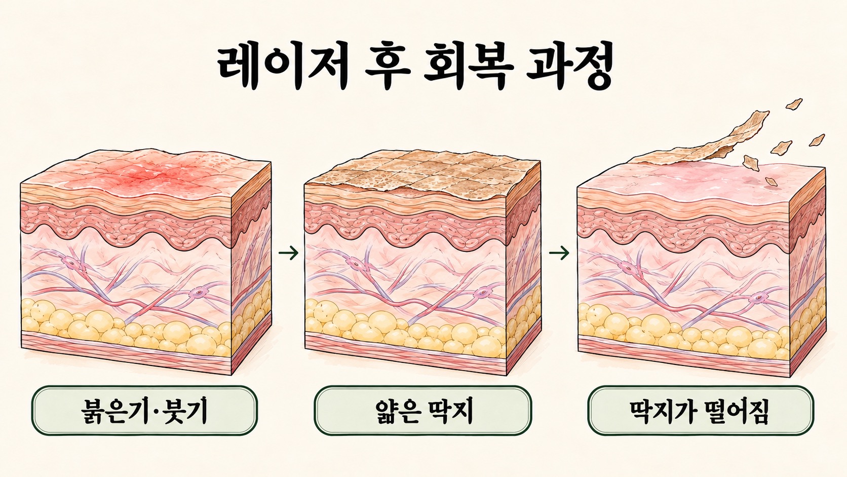 표면을 깎는 레이저 뒤 붉은기와 붓기, 얇은 딱지, 딱지가 떨어지는 회복 과정