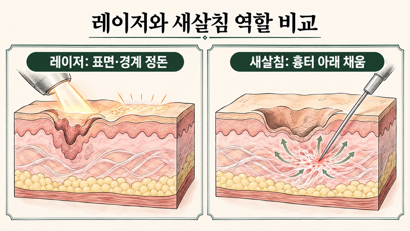 표면과 경계를 정돈하는 레이저와 흉터 아래를 채우는 새살침의 역할 비교