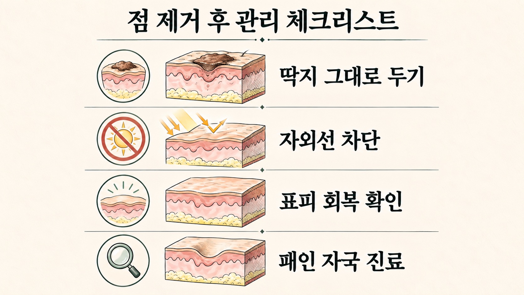 점 제거 후 관리 단계 체크리스트(딱지 관리·자외선 차단·표피 회복 확인·패인 자국 여부 진료)