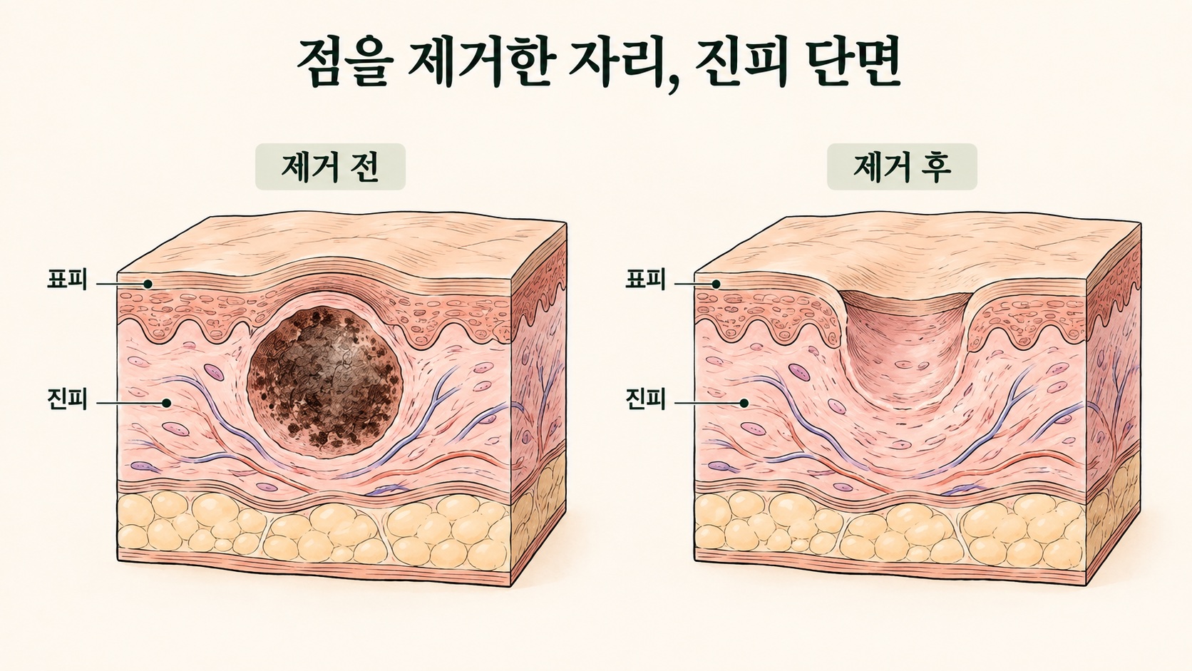 점이 있던 자리의 진피 단면과 제거 후 그만큼 빈 공간이 남는 모습 비교