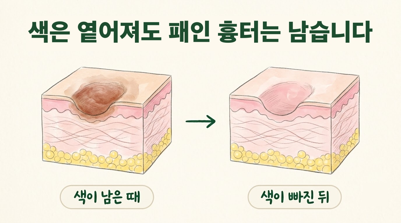 갈색 자국이 있던 패인 흉터에서 색은 옅어졌지만 패인 흉터는 그대로 남은 피부 단면 비교