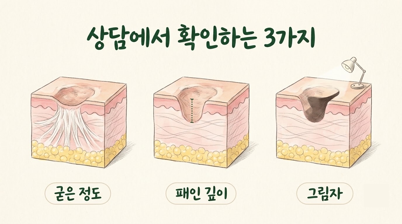 상담에서 확인하는 굳은 정도·패인 깊이·각도에 따른 그림자 세 가지를 나란히 그린 그림