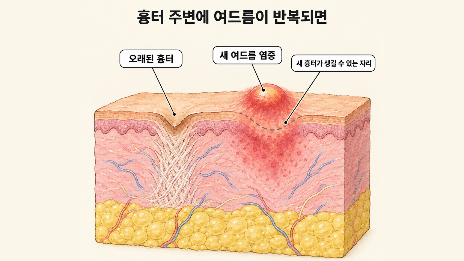 오래된 패인 흉터 옆에 새 여드름 염증이 올라와, 그 아래에 새 흉터가 생길 수 있는 자리를 그린 피부 단면