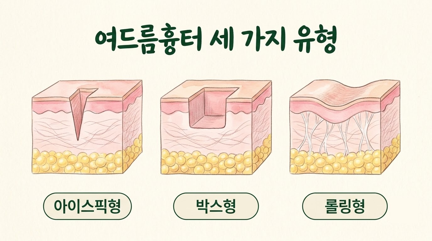 아이스픽형·박스형·롤링형 여드름흉터의 패인 모양과 아래 섬유 조직을 나란히 그린 피부 단면