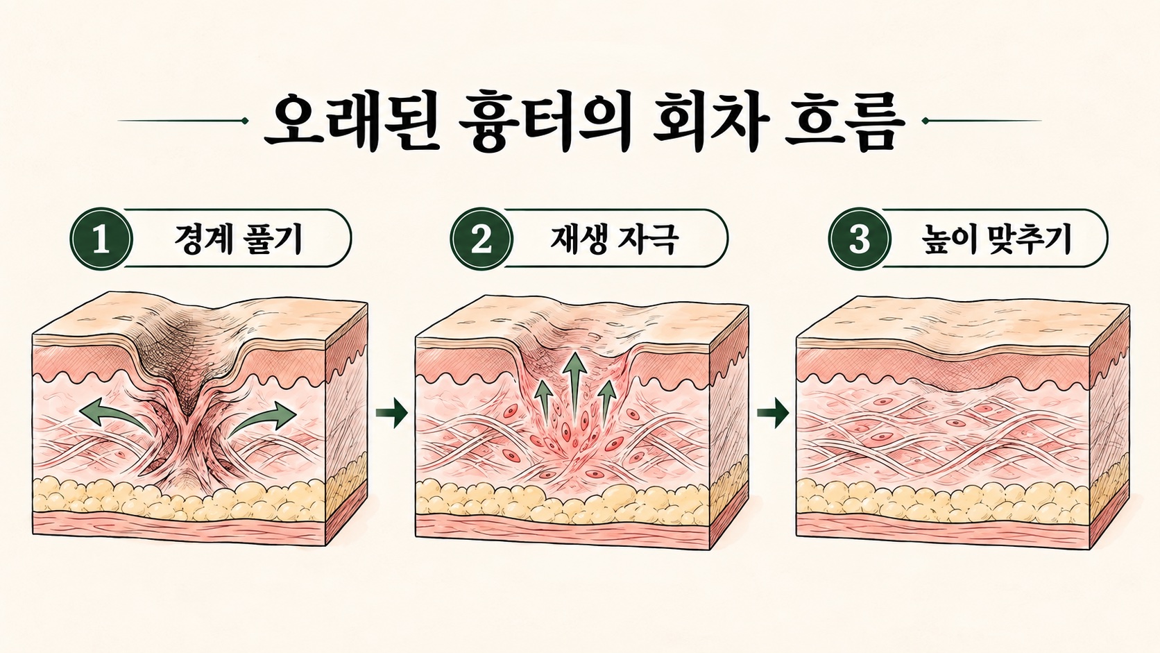 오래된 흉터의 경계 풀기 → 재생 자극 → 높이 맞추기 회차 흐름