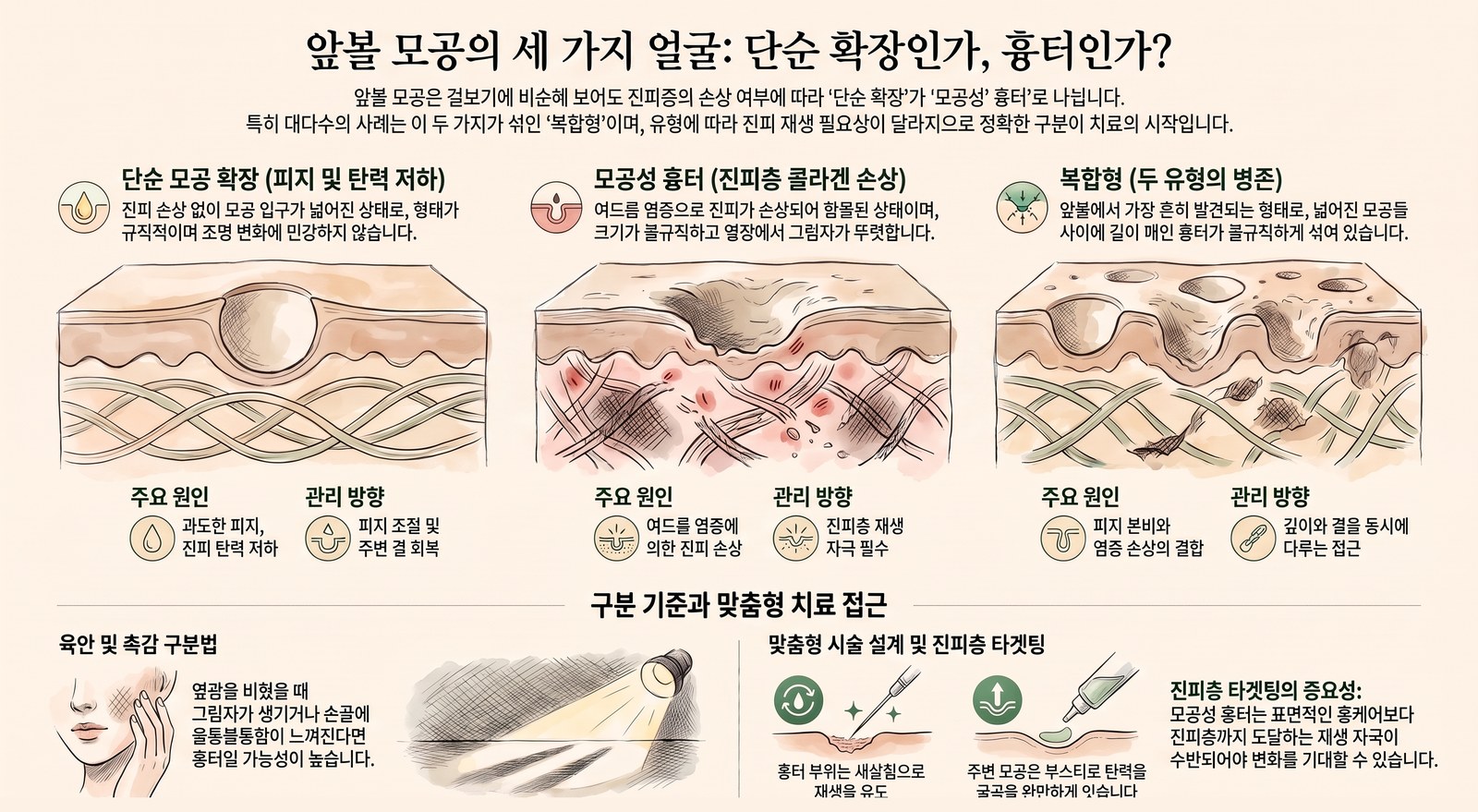 앞볼 모공 3유형 — 단순 확장·모공성 흉터·복합형의 진피 상태 차이