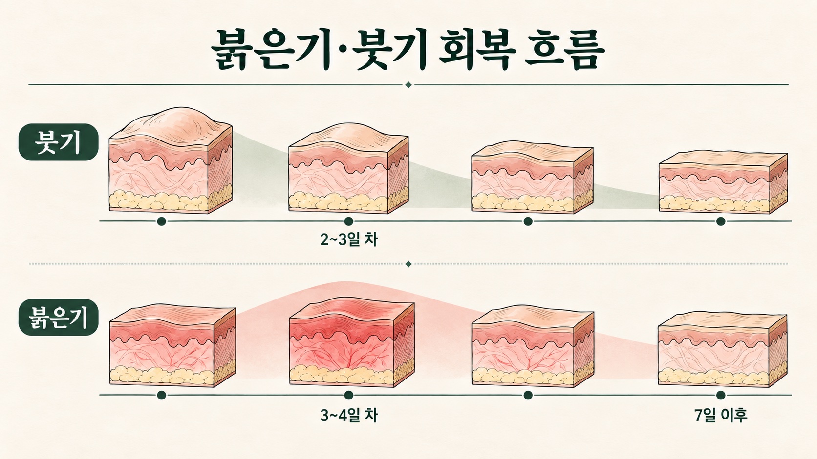 붓기는 2~3일 차, 붉은기는 3~4일 차에 가장 두드러지다 7일 이후 옅어지는 회복 타임라인