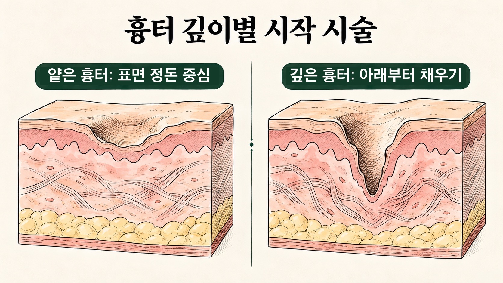 얕은 흉터는 표면 정돈 중심, 깊은 흉터는 아래부터 채우는 시술 순서 비교
