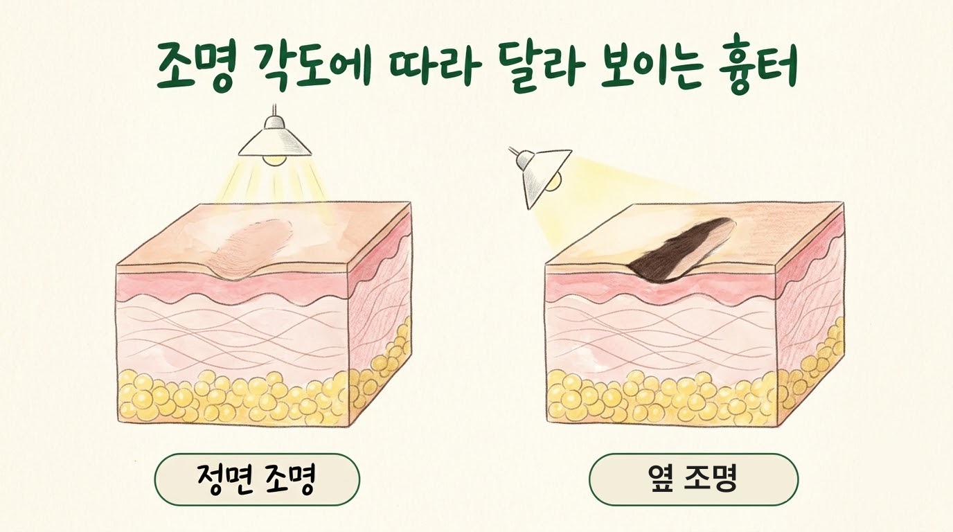 정면 조명에서는 평평해 보이던 패인 흉터가 옆 조명에서는 그림자로 드러나는 비교 그림
