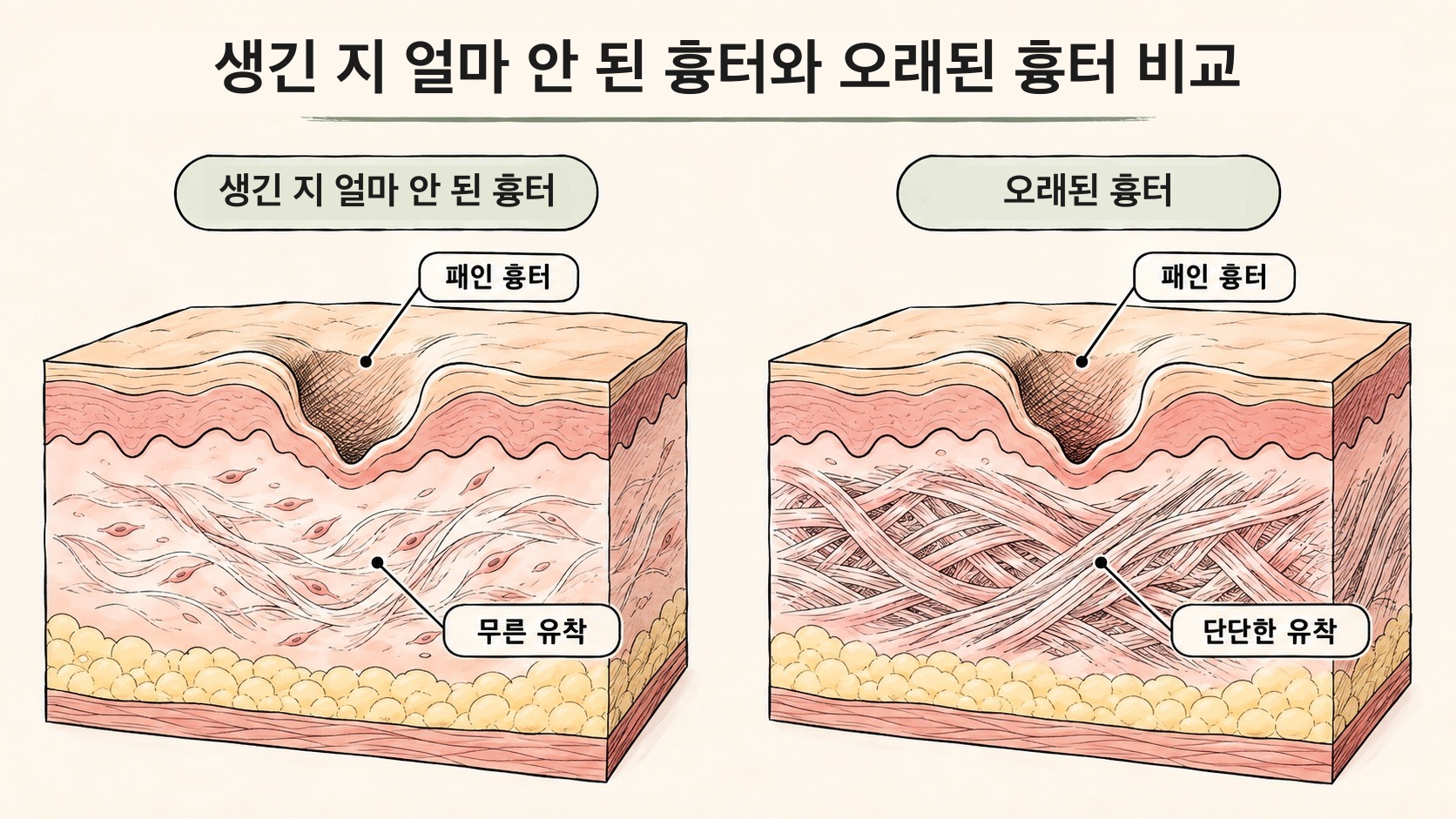 패인 구조는 같지만, 생긴 지 얼마 안 된 흉터는 아래 유착 조직이 무르고 오래된 흉터는 단단하게 굳은 단면 비교