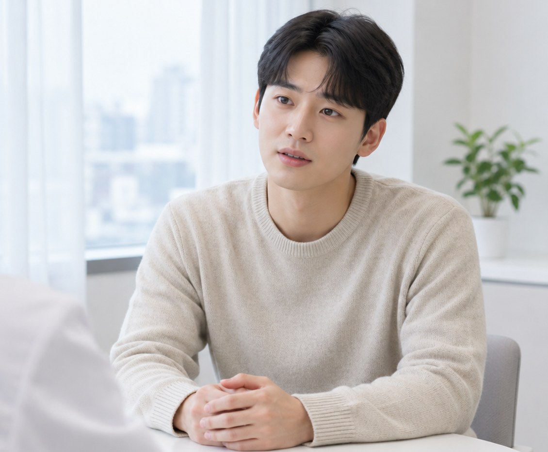 상담실에서 여드름흉터 시술을 무엇부터 받아야 할지 원장에게 차분히 묻는 20대 남성