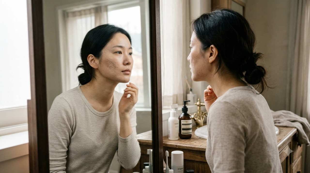 여드름이 가라앉은 뒤 볼에 남은 자국을 거울로 확인하는 모습