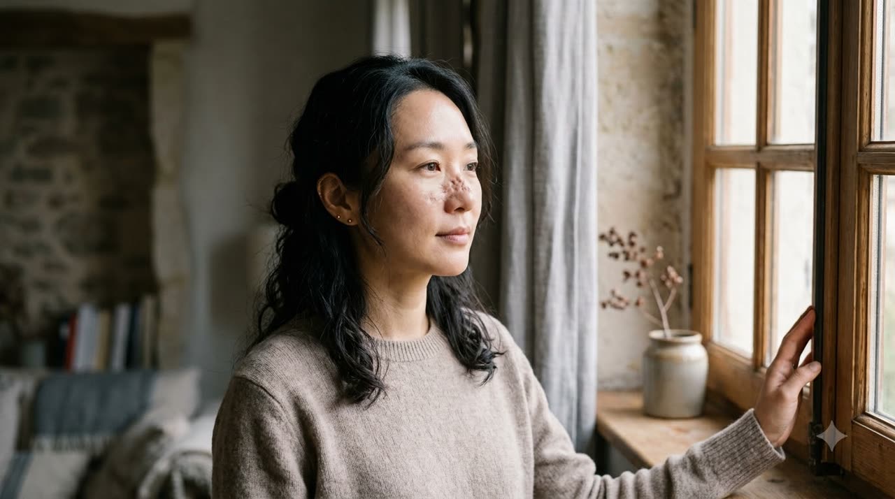 빛의 각도에 따라 코의 자국이 드러나는 모습