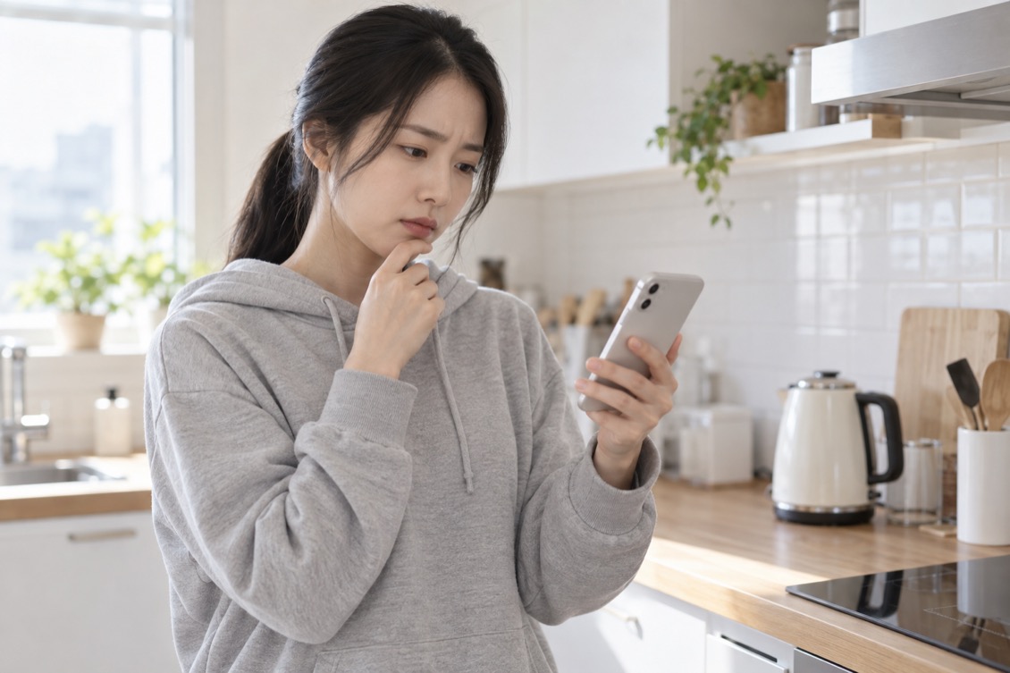 아침 주방에서 휴대폰으로 어븀야그와 어븀야그 프락셀을 찾아보며 헷갈려하는 30대 여성