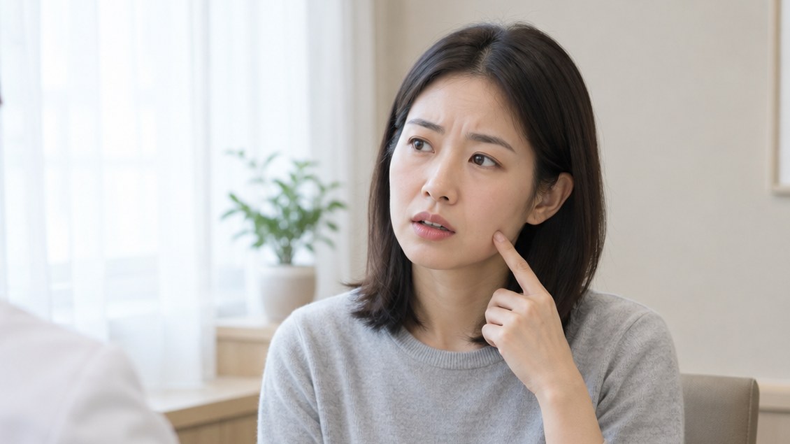 상담실에서 볼을 가리키며 오래된 흉터도 치료가 될지 조심스럽게 묻는 모습
