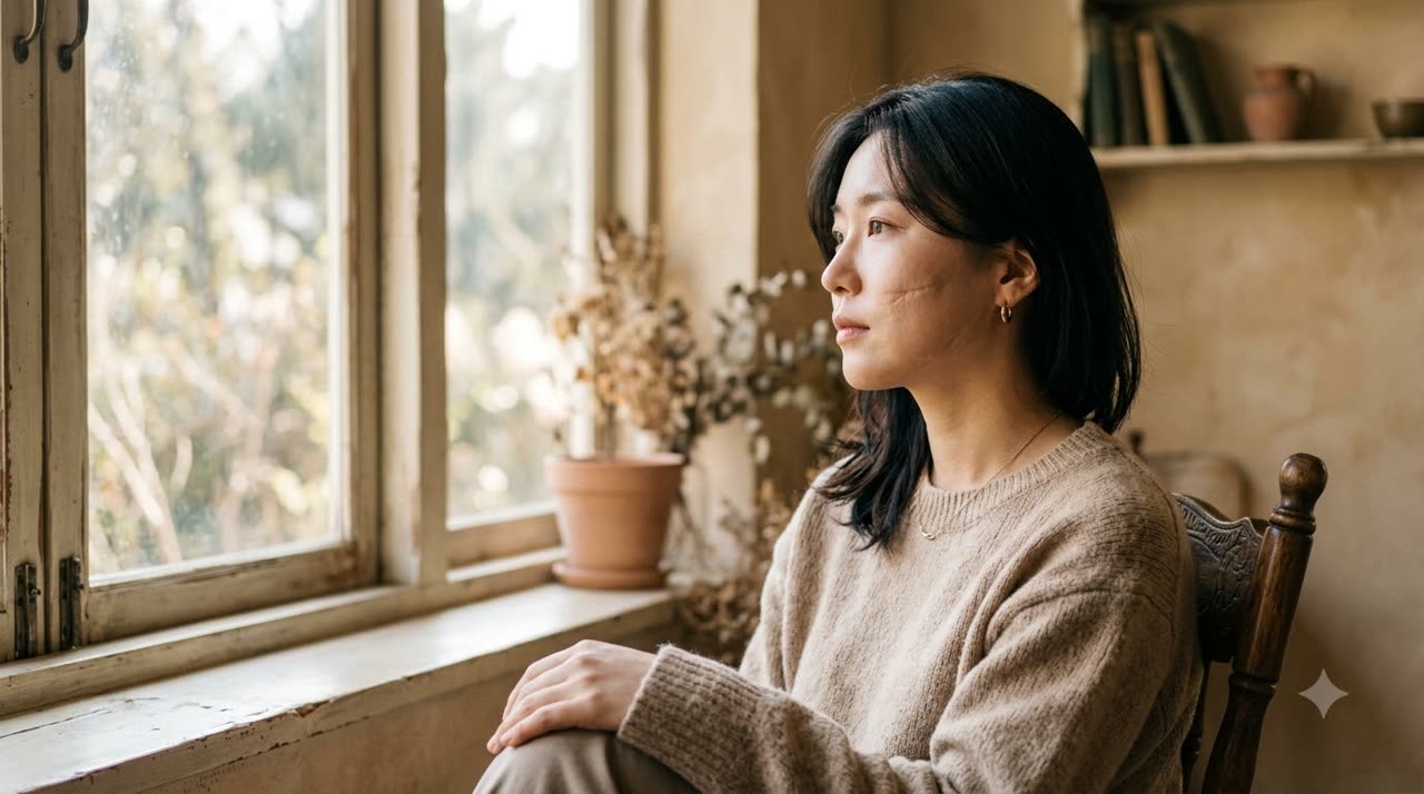 옆에서 빛이 들어올 때 볼의 흉터가 드러나는 모습