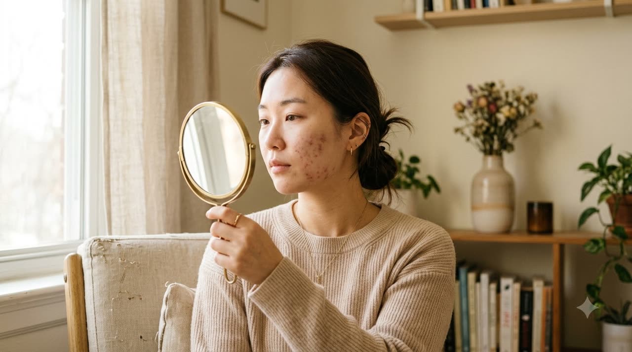 여드름이 가라앉은 자리에 남은 붉은 자국과 색소를 확인하는 모습