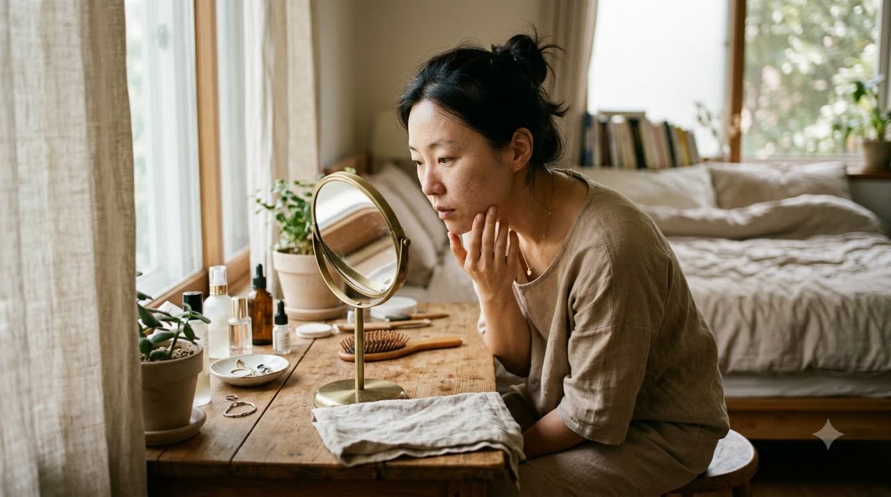 앞볼 모공을 거울로 가까이 들여다보는 모습