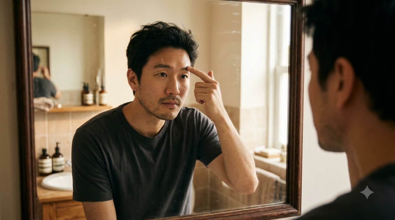 눈썹 위 수술 자국을 거울로 살펴보는 모습