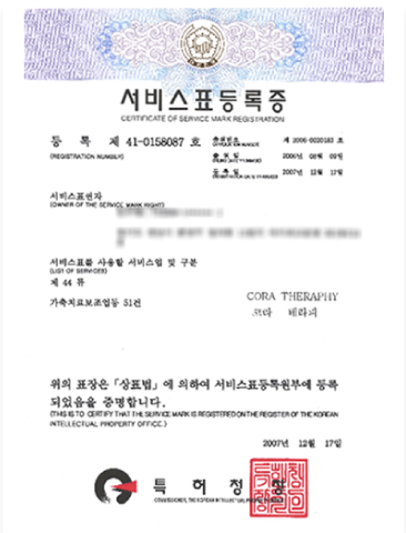 코라테라피 서비스표등록증 (등록 41-0158087호, 2007년 12월)